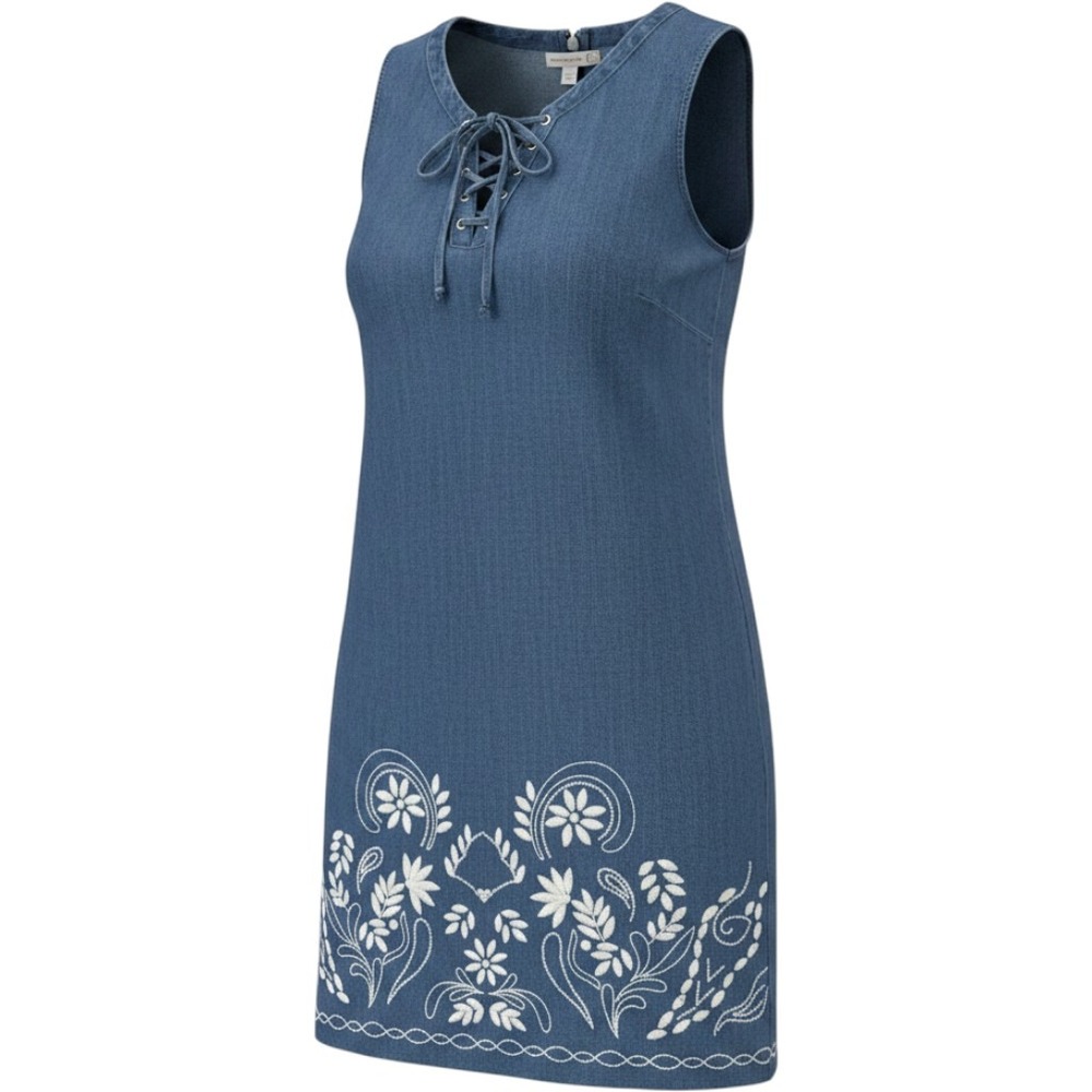 Westport 1962 Denim Dress Womens 16 Blue Embroidered Lace Up Sleeveless Shift